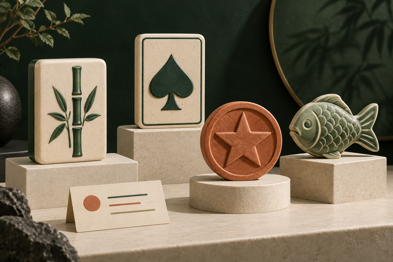 Mahjong tiles and playing cards in a game scene